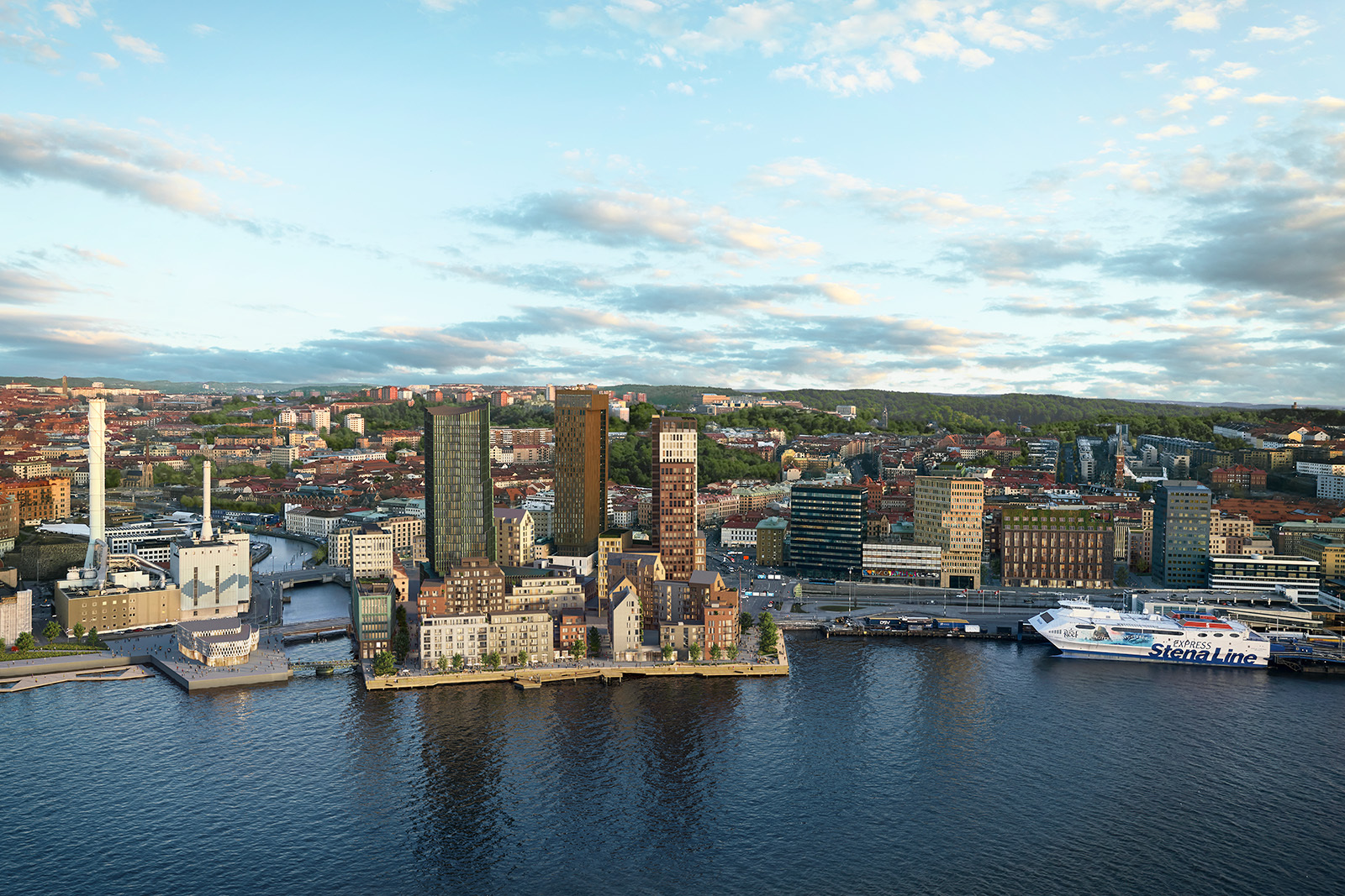 Visualisering av Masthuggskajens nya halvö. Halvön sticker ut i Göta älv och är tätt bebyggd med både höghus och lägre byggnader. Lite längre bort syns en Stena Line-färja lägga till vid kajen.