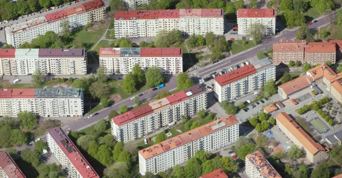 Ett flygfoto som visar flerbostadshus i stadsdelen Johanneberg i Göteborg.