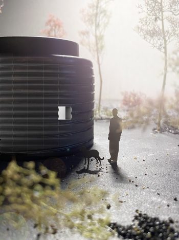 Skiss av Nina Canells "Pitch Drop Pavilon (700 years)". En modell av den runda paviljongen med ett tittfönster på ena sidan. Bredvid står en människa med sin hund.