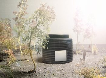 Skissbild från Nina Canells vinnande förslag “Pitch Drop Pavilion (700 years)”. En modell av den runda paviljongen med ett tittfönster på ena sidan. Bredvid står en människa med sin hund.