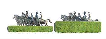 Skiss av Nina Beiers förslag "Bush". Till höger syns konstgestaltningen när häcken når hästarna till knäna. Till vänster har häcken växt så att bara männens överkroppar och hästarnas huvuden syns.