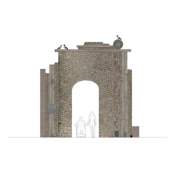 Skiss över Goldin+Sennebys förslag Anti-Handikapp: Göteborgs sjätte stadsport. Skiss över konstverket Anti-Handkiapp Göteborgs sjätte stadsport